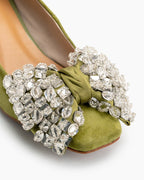 Rhinestone Bow Chunky Low Heels Slip on Comfy Pumps