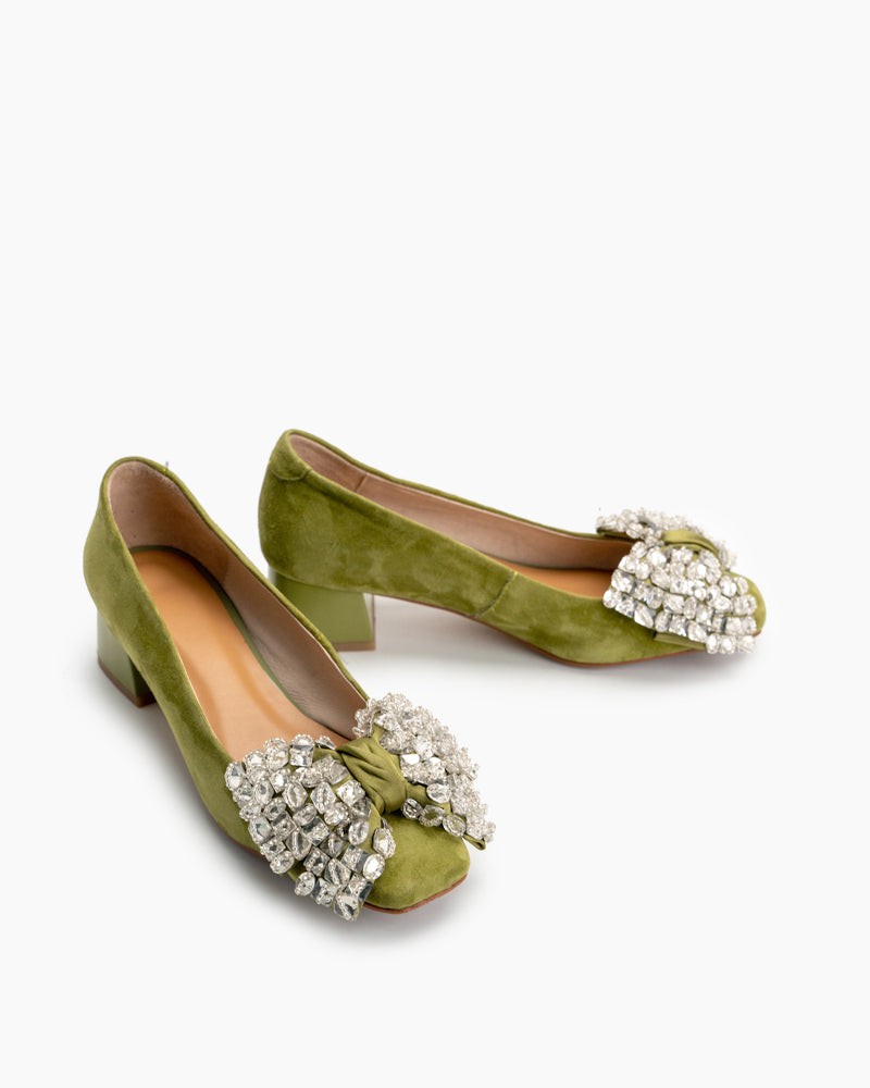 Rhinestone Bow Chunky Low Heels Slip on Comfy Pumps