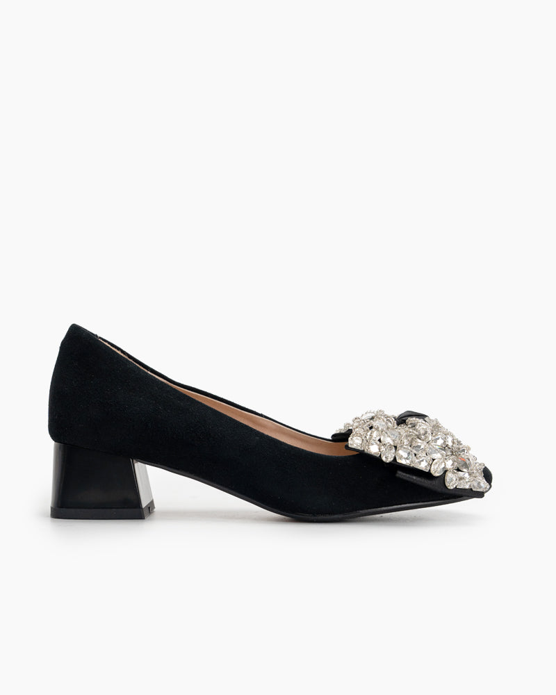 Rhinestone Bow Chunky Low Heels Slip on Comfy Pumps
