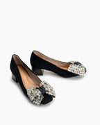 Rhinestone Bow Chunky Low Heels Slip on Comfy Pumps