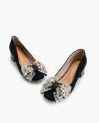 Rhinestone Bow Chunky Low Heels Slip on Comfy Pumps