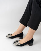 Rhinestone Bow Chunky Low Heels Slip on Comfy Pumps