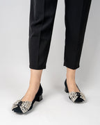 Rhinestone Bow Chunky Low Heels Slip on Comfy Pumps