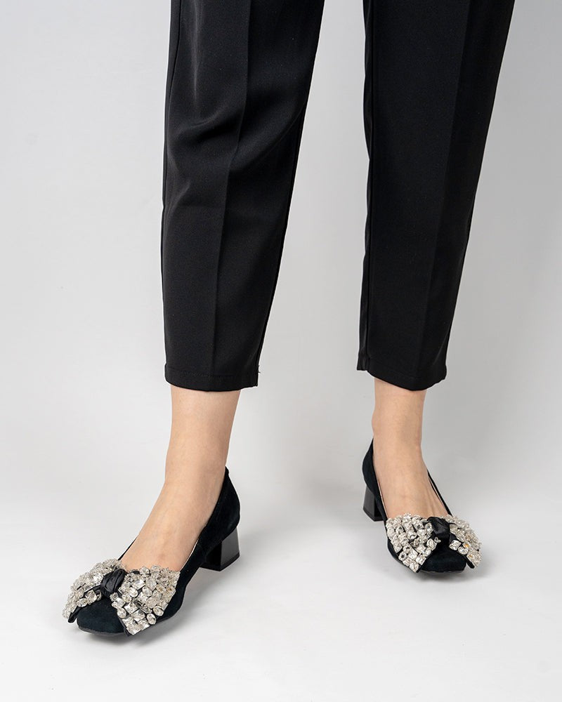 Rhinestone Bow Chunky Low Heels Slip on Comfy Pumps