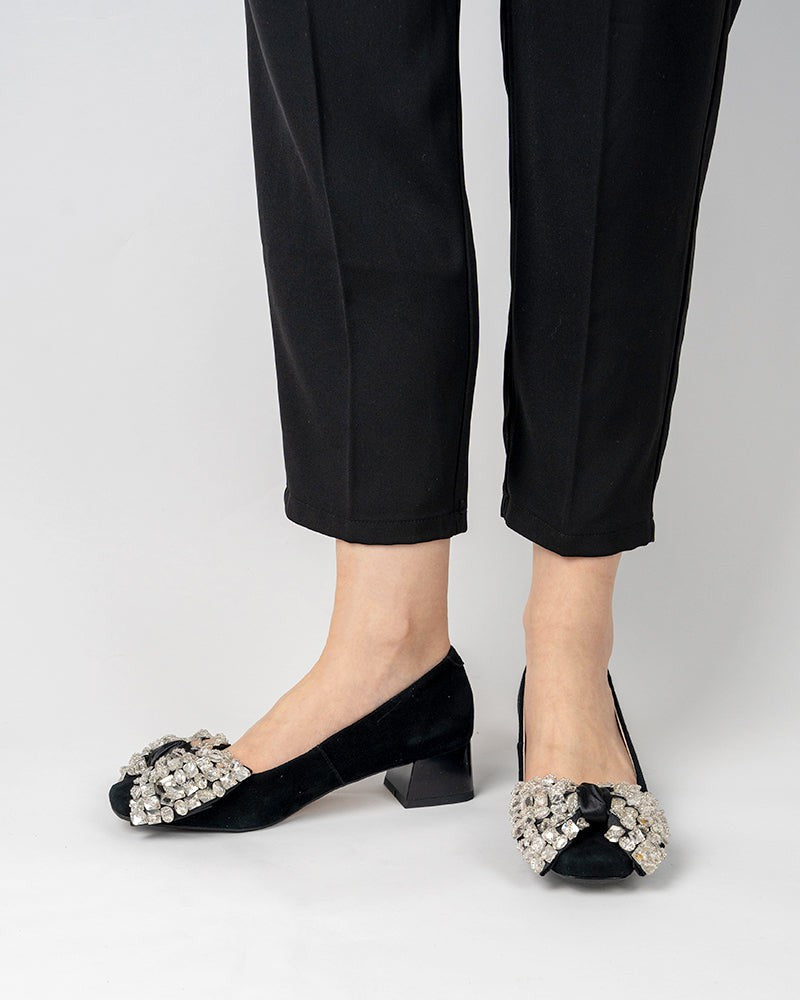 Rhinestone Bow Chunky Low Heels Slip on Comfy Pumps