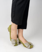 Rhinestone Bow Chunky Low Heels Slip on Comfy Pumps