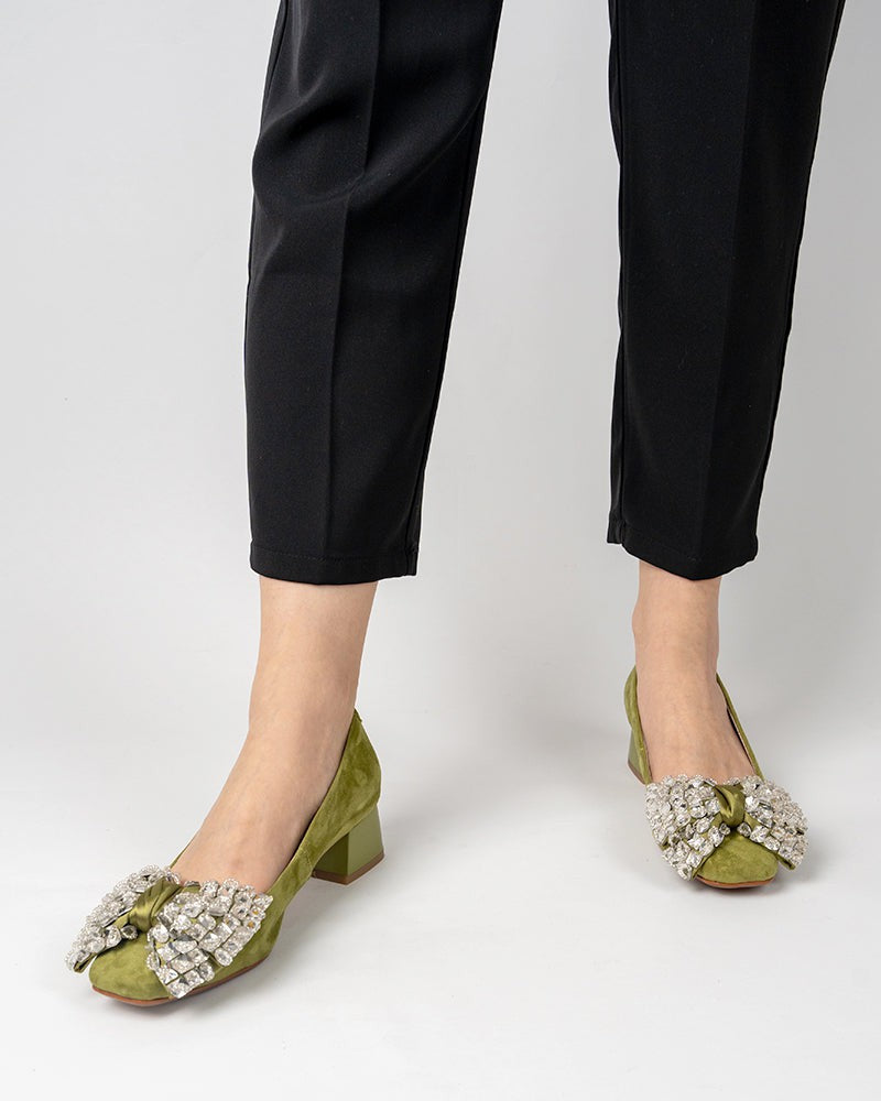 Rhinestone Bow Chunky Low Heels Slip on Comfy Pumps