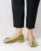 Rhinestone Bow Chunky Low Heels Slip on Comfy Pumps