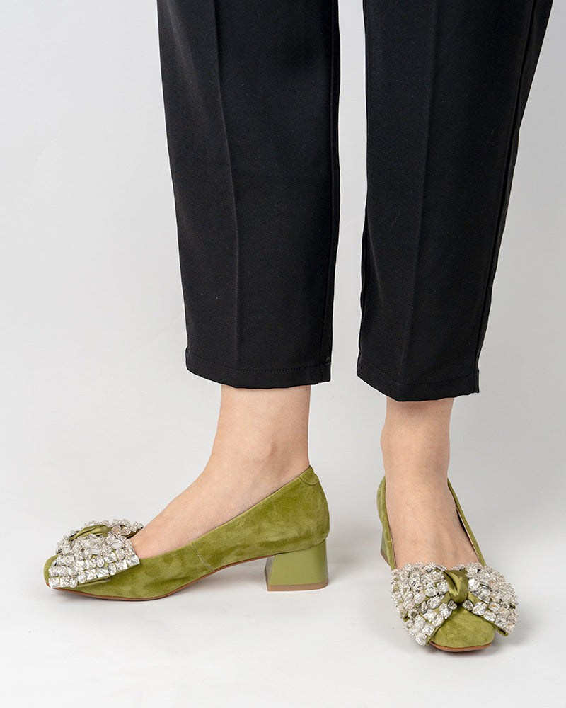 Rhinestone Bow Chunky Low Heels Slip on Comfy Pumps