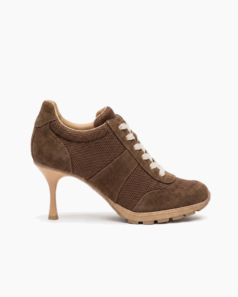 Suede and Mesh Lace-Up High-Heel Sneakers-Black