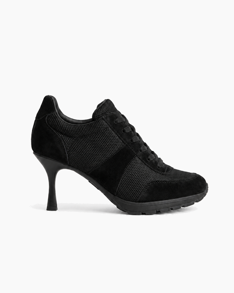 Suede and Mesh Lace-Up High-Heel Sneakers-Black