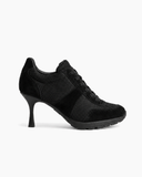 Suede and Mesh Lace-Up High-Heel Sneakers-Black
