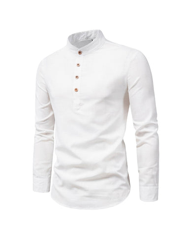 Cotton Linen Stand Collar Solid Color Henley Shirt