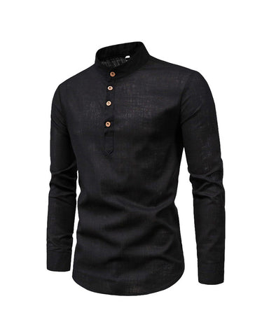 Cotton Linen Stand Collar Solid Color Henley Shirt