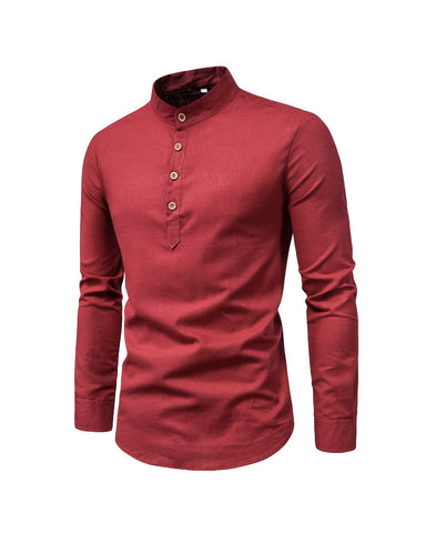 Cotton Linen Stand Collar Solid Color Henley Shirt