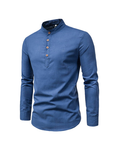 Cotton Linen Stand Collar Solid Color Henley Shirt