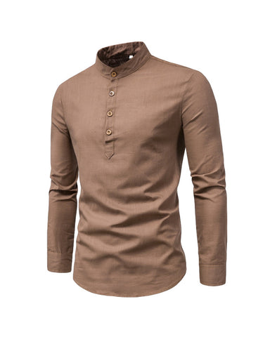 Cotton Linen Stand Collar Solid Color Henley Shirt