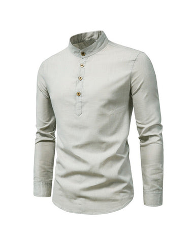 Cotton Linen Stand Collar Solid Color Henley Shirt