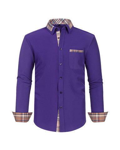 Colorblock Plaid Collar Slim Fit Long Sleeve Shirt