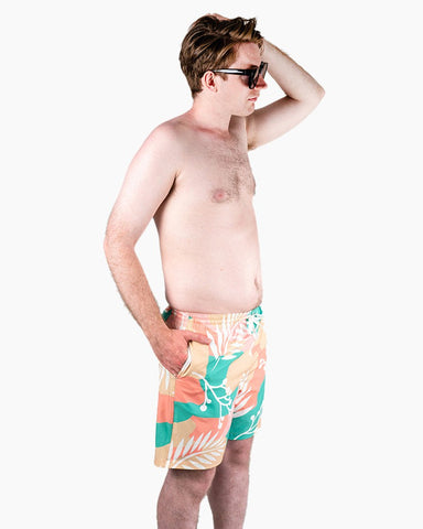 Men's Swim Beach Trunks - White Leaves