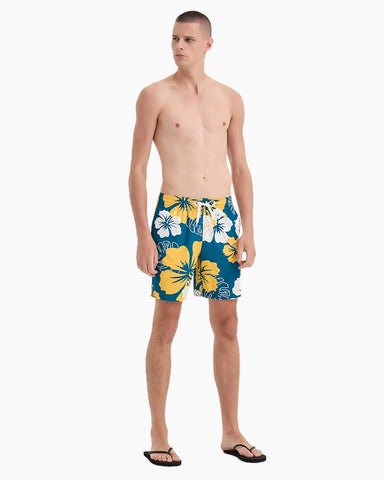 Men's Swim Beach Trunks - White Yellow Flower