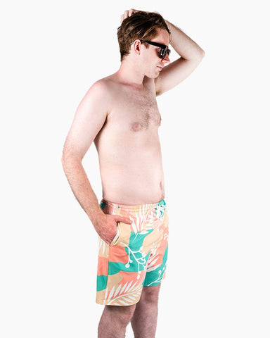 Men's Swim Beach Trunks - White Leaves