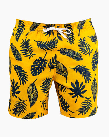 Men's Swim Beach Trunks - Yellow& Black Leaves