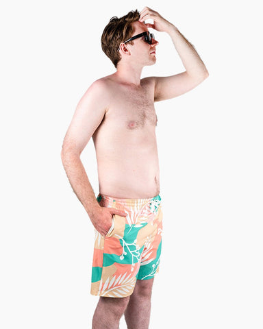 Men's Swim Beach Trunks - White Leaves