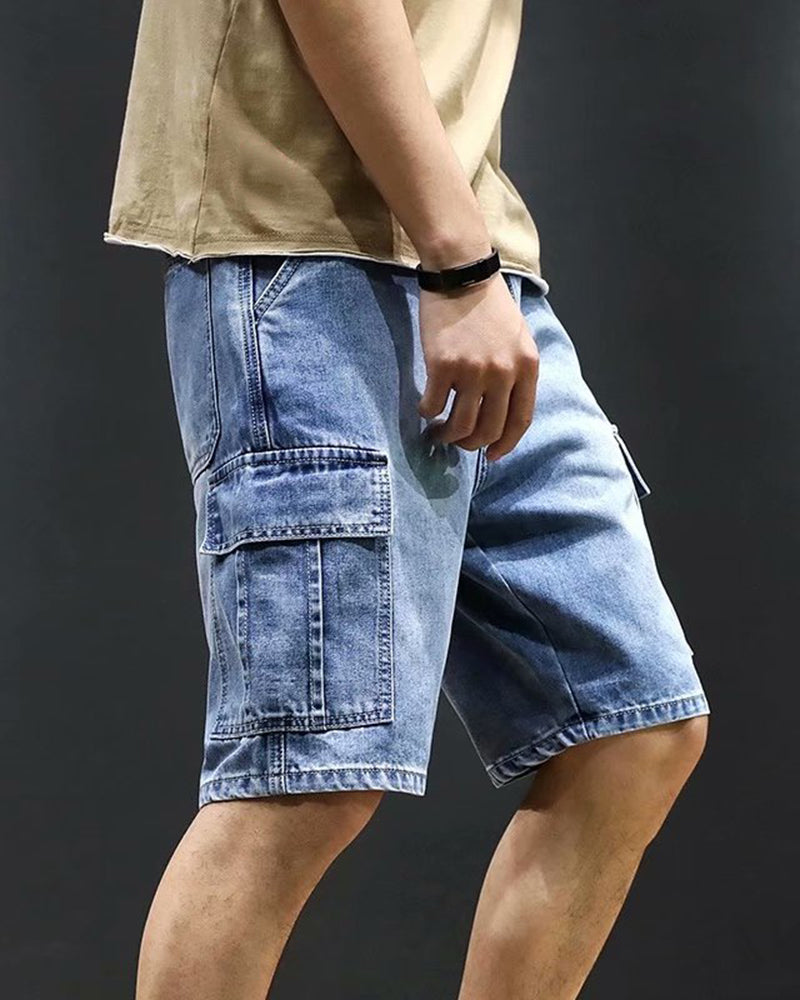 Oversized Multi-Pocket Denim Cargo Shorts