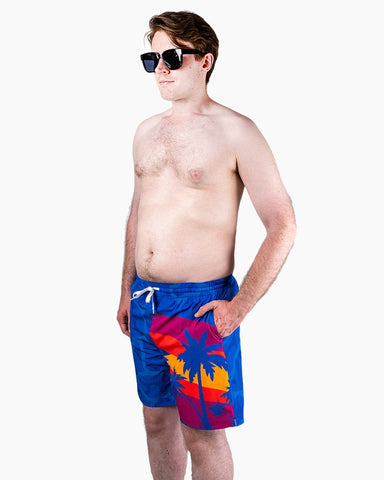 Men's Swim Beach Trunks - Blue&Coconut Tree