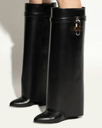 Shark Lock embellished glossed-leather knee boots