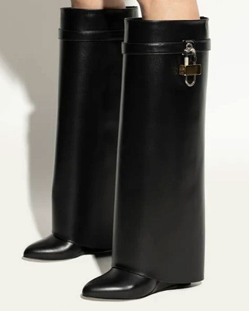 Shark Lock embellished glossed-leather knee boots