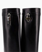 Shark Lock embellished glossed-leather knee boots