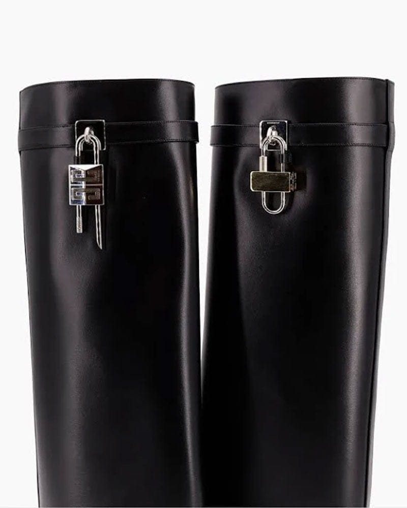 Shark Lock embellished glossed-leather knee boots