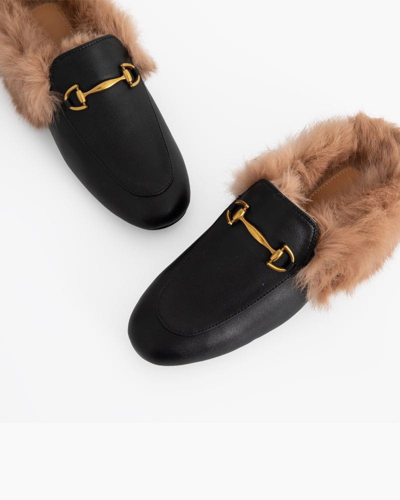 Women's Classic Metal Buckle Backless Fur Flat Slippers Mules