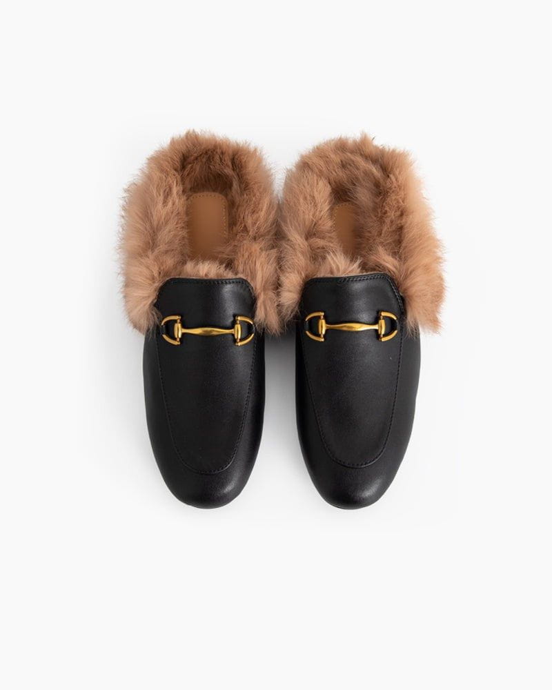 Women's Classic Metal Buckle Backless Fur Flat Slippers Mules