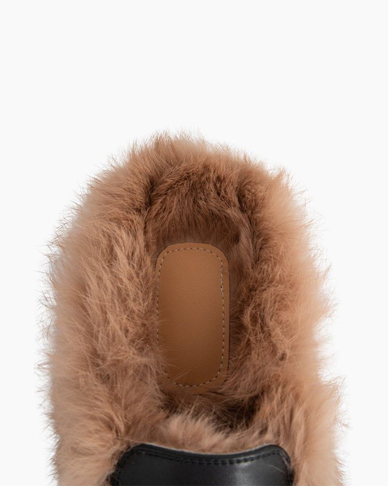 Women's Classic Metal Buckle Backless Fur Flat Slippers Mules