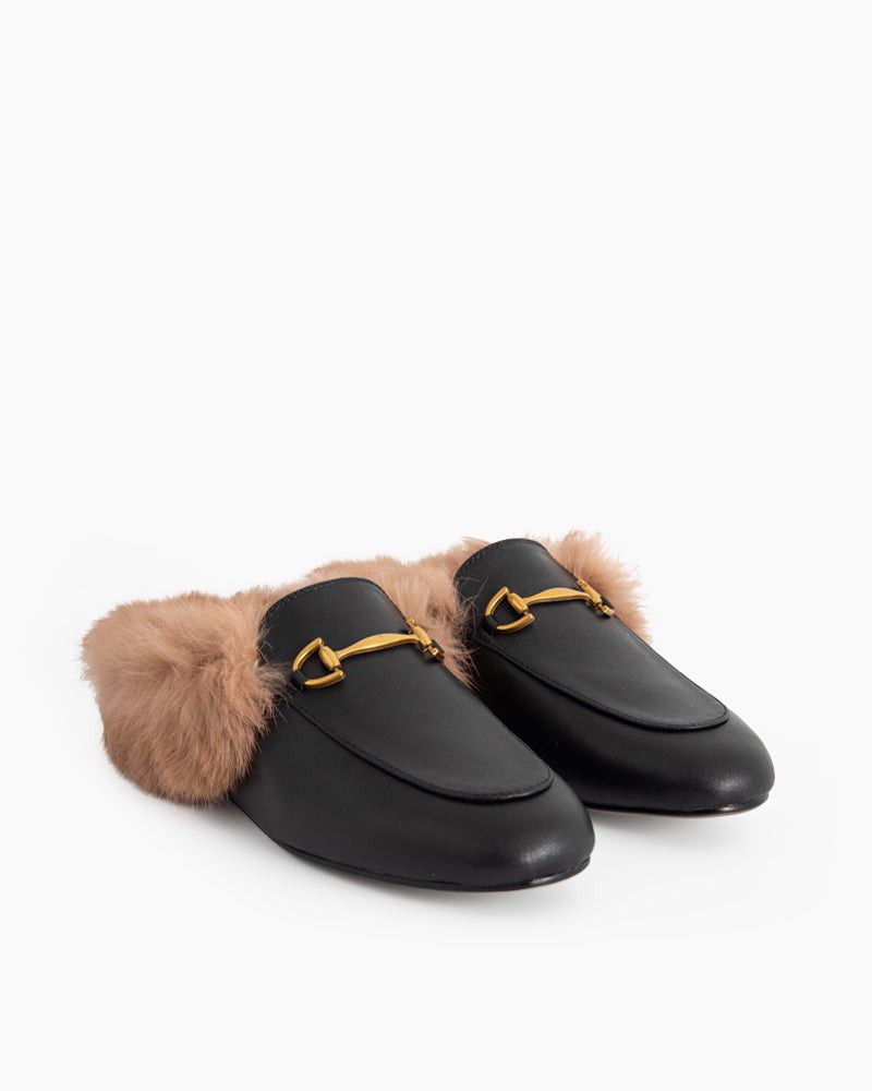 Women's Classic Metal Buckle Backless Fur Flat Slippers Mules