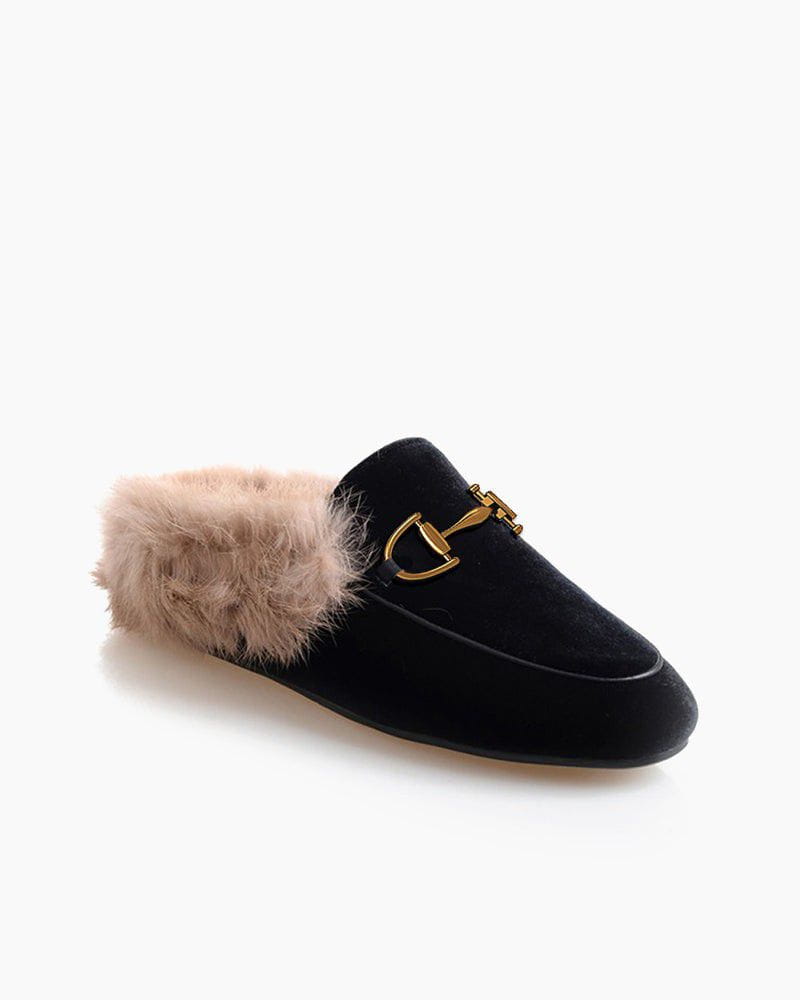 Women's Classic Metal Buckle Velvet Fur Slip-on Mules Secondary image